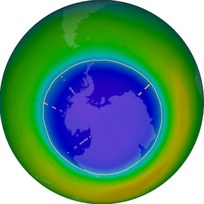 *Figure 1:* An example figure showing the Antarctic ozone hole.  High ozone concentrations are shown in orange/red and low ozone concentrations are shown in purple.