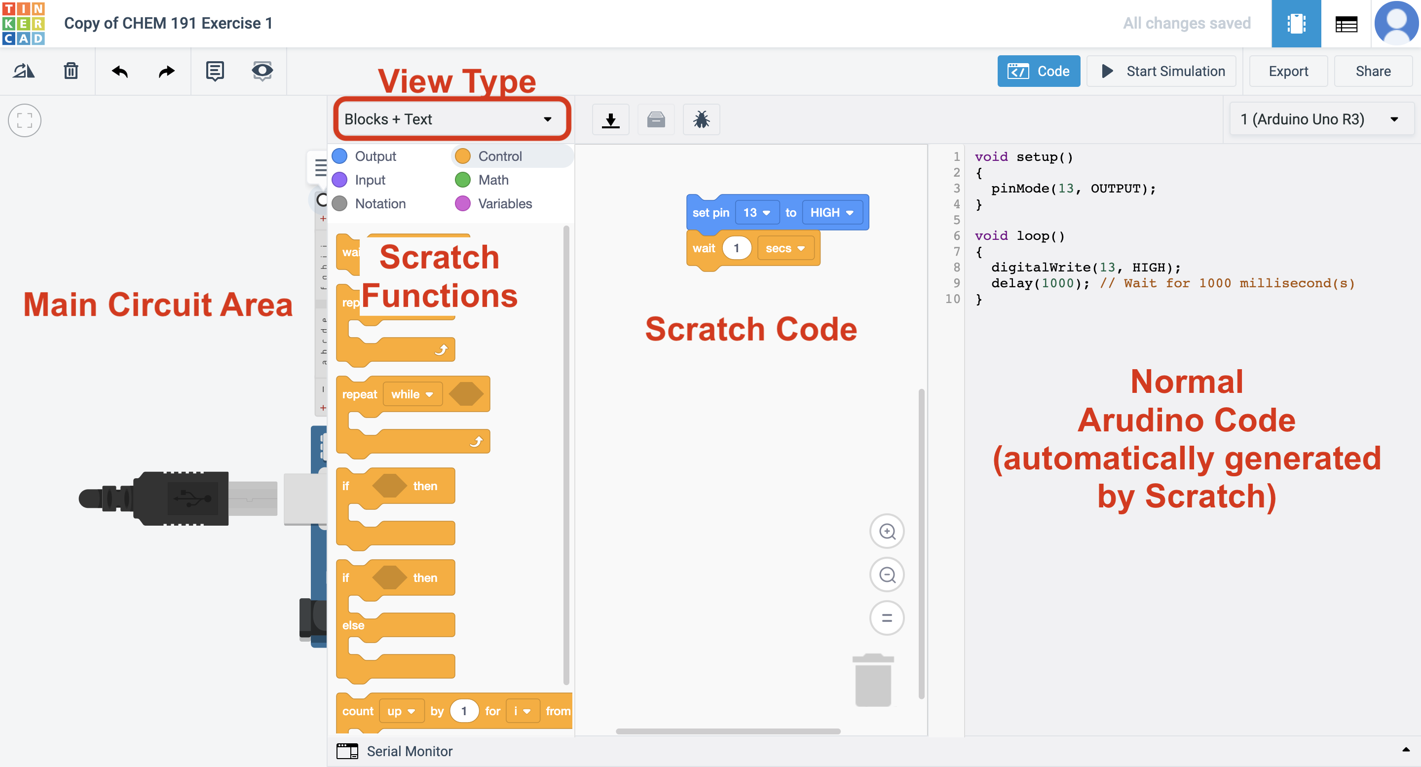 <small>*The coding pane of Tinkercad. Code is modified by dragging blocks from "Scratch Functions" to "Scratch Code"; the Arduino Code is generated automatically. *</small>