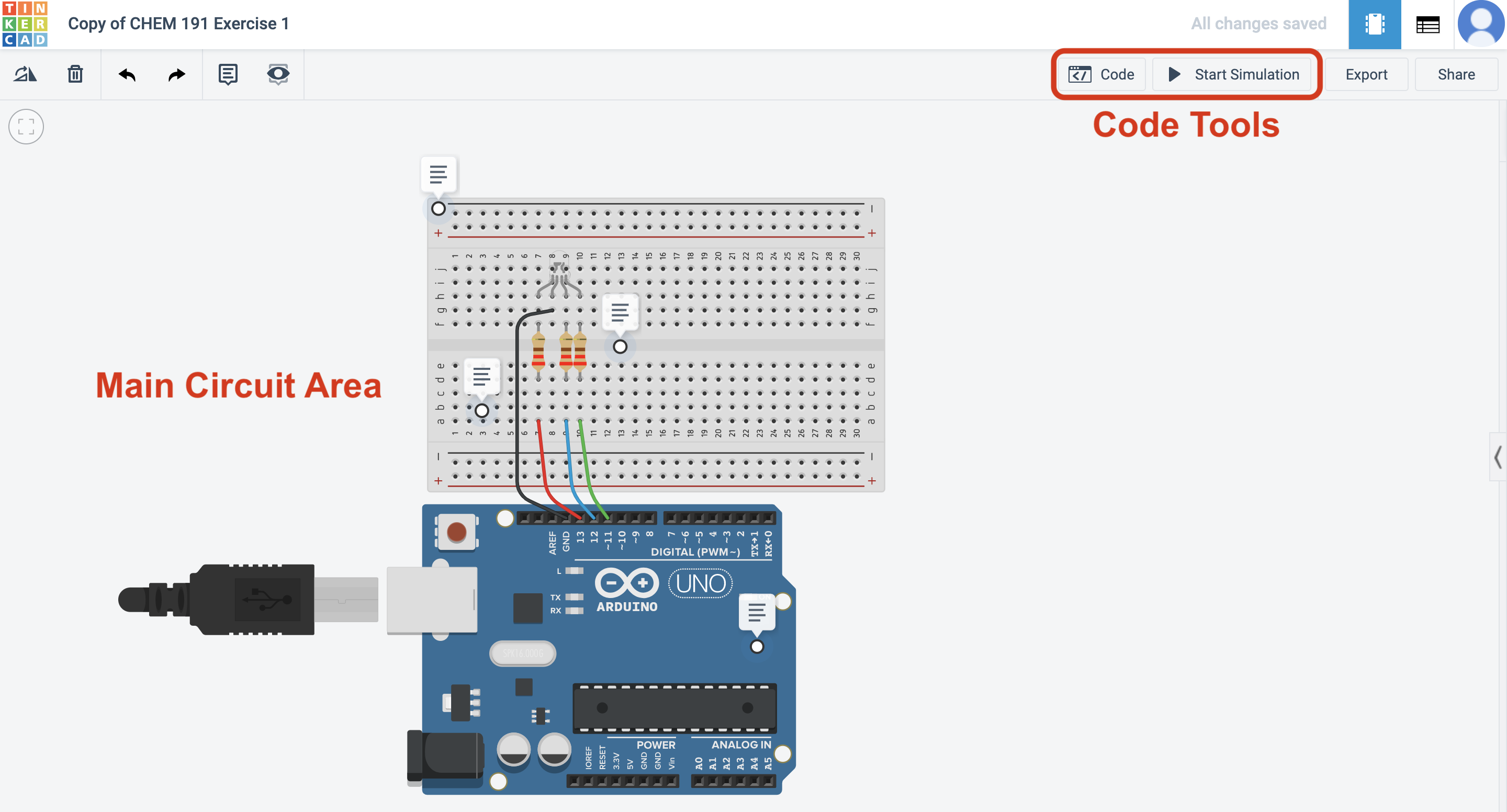 <small>*The default Tinkercad view. The code pane can be accessed by clicking the Code button in the red box; the Start Simulation button runs the code.*</small>